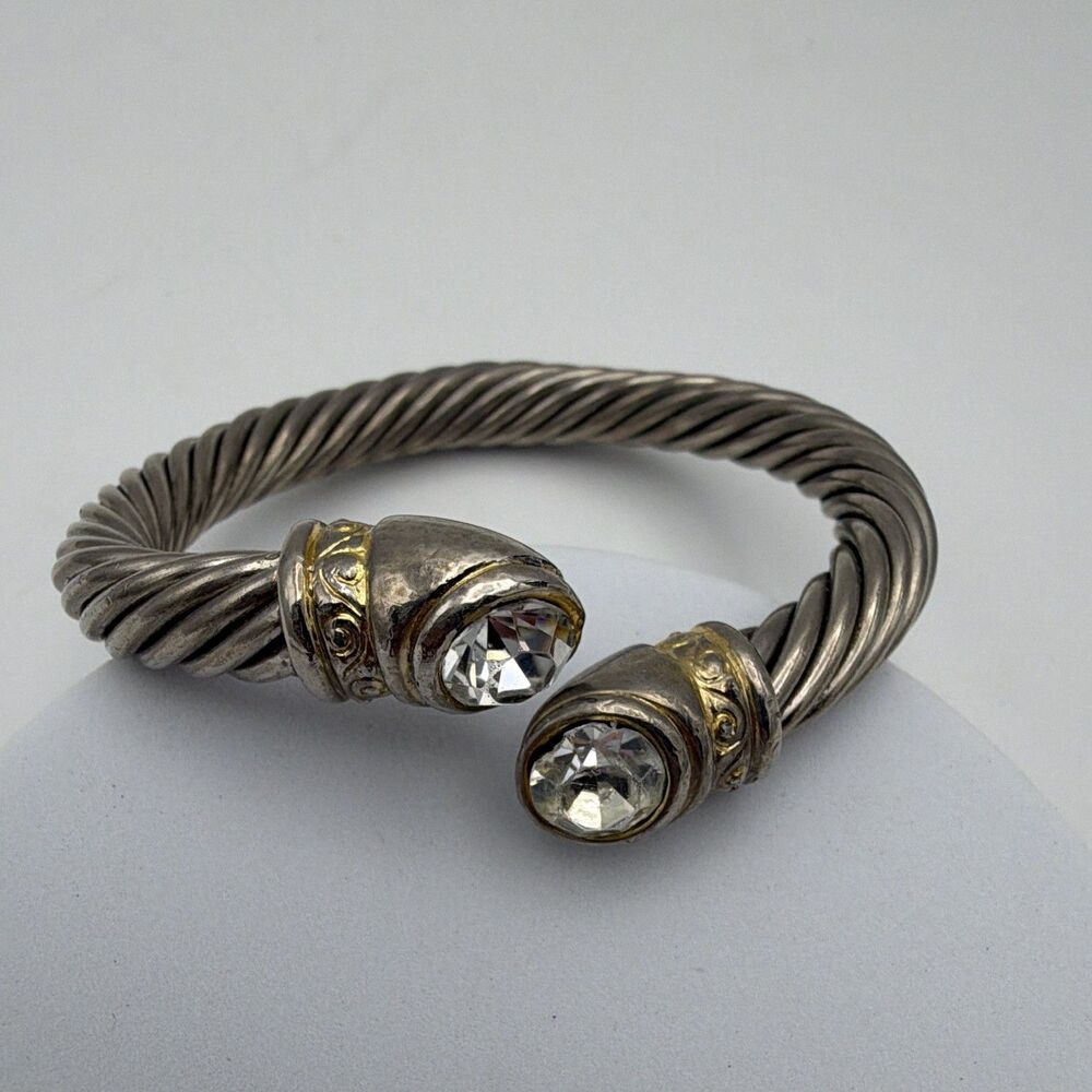 Silver/Gold Tone Twisted Rope Cable Cuff Bracelet Open Clear Crystal Ends